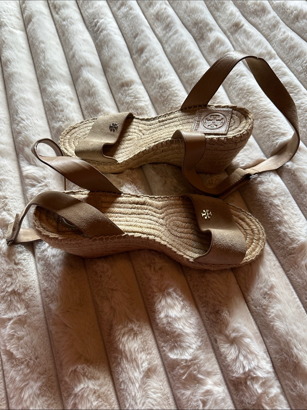 Tory Burch Beige/Tan Espadrille Wedge Sandals with Ankle Wrap
